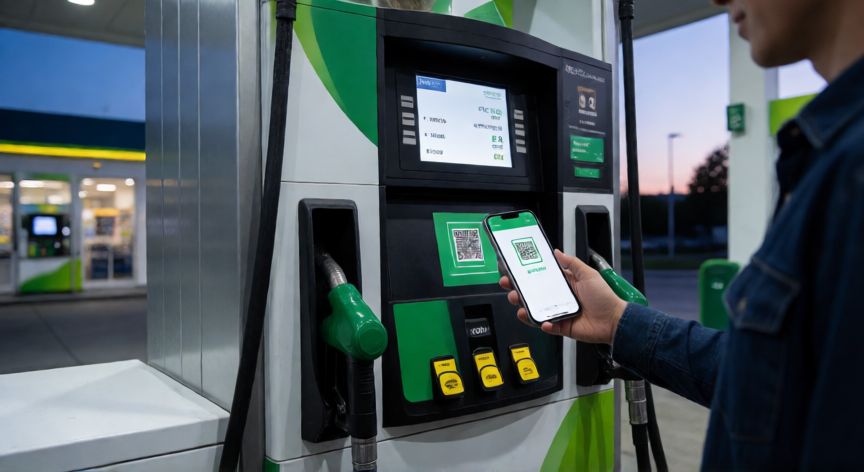 Persona usando la app de Repsol para escanear y acumular puntos al repostar