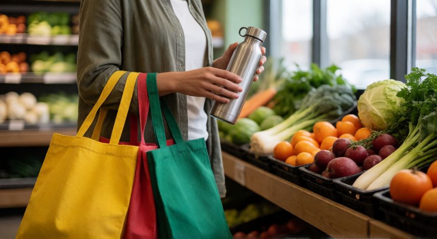 como ahorrar respetando el medio ambiente, Persona comprando con bolsas reutilizables y botella de acero inoxidable en el supermercado