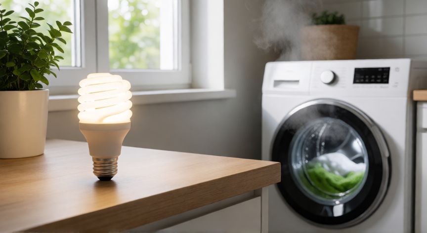 como ahorrar respetando el medio ambiente, Bombilla LED eficiente y lavadora llena en una cocina moderna y sostenible