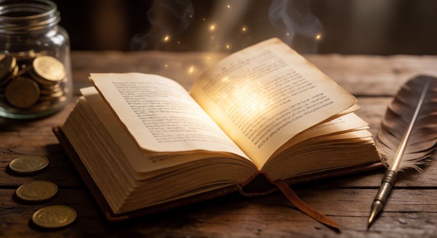 como ahorrar segun la biblia, Biblia abierta con luz brillante junto a monedas antiguas y una pluma sobre una mesa de madera