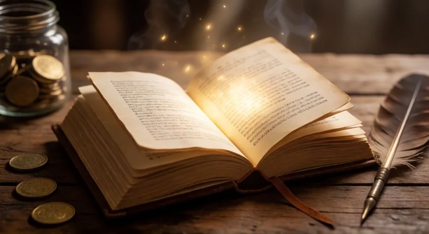 como ahorrar segun la biblia, Biblia abierta con luz brillante junto a monedas antiguas y una pluma sobre una mesa de madera