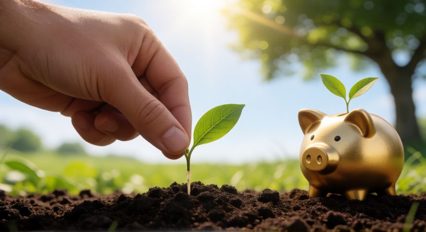 como ahorrar segun la biblia, Mano plantando una semilla en la tierra con un cerdito de ahorro dorado al fondo, simbolizando inversión y crecimiento