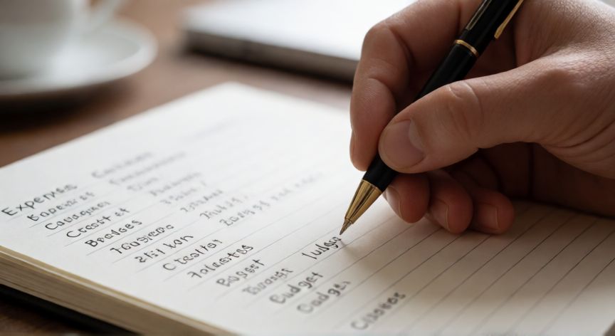 Persona anotando gastos en una libreta de presupuesto