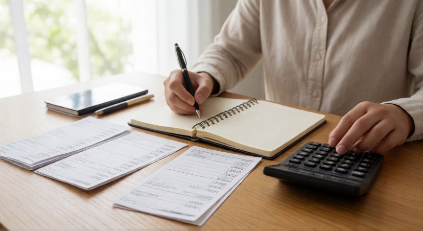 Persona anotando gastos en una libreta con calculadora sobre la mesa