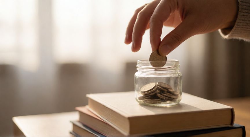 como ahorrar si tengo deudas, Mano metiendo una moneda en un bote de cristal sobre libros