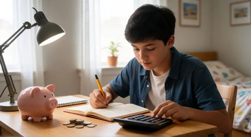 Adolescente registrando sus gastos en una libreta