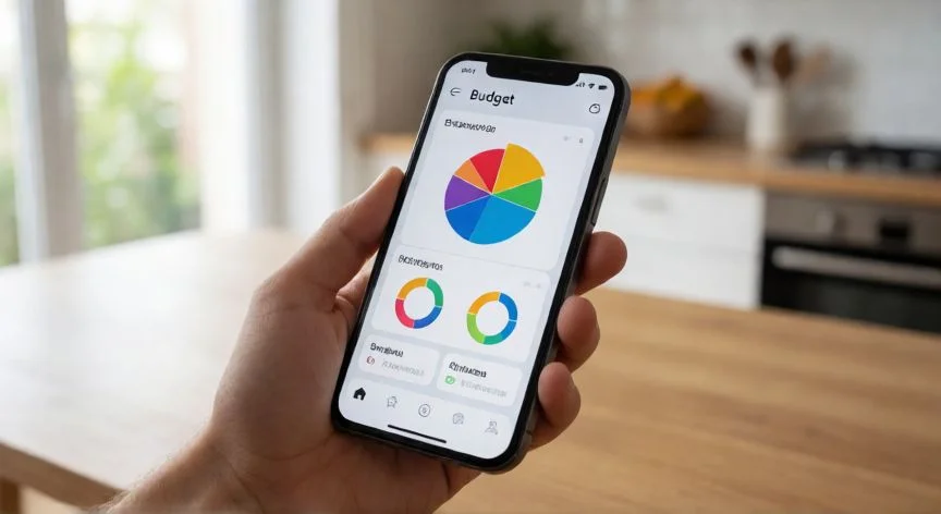 como ahorrar siendo joven, Alcancía transparente con monedas junto a lista de gastos hormiga y app bancaria