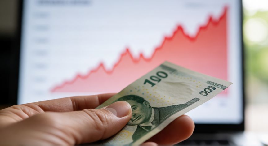 Mano sosteniendo dinero con gráfico de inflación de fondo