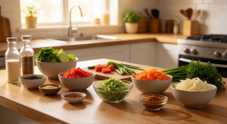 como ahorrar tiempo en la cocina, Organización de ingredientes en la cocina lista para cocinar