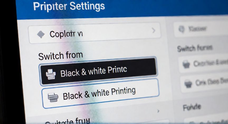 como ahorrar tinta en impresora hp, Menú de ajustes de impresión HP mostrando la opción de blanco y negro