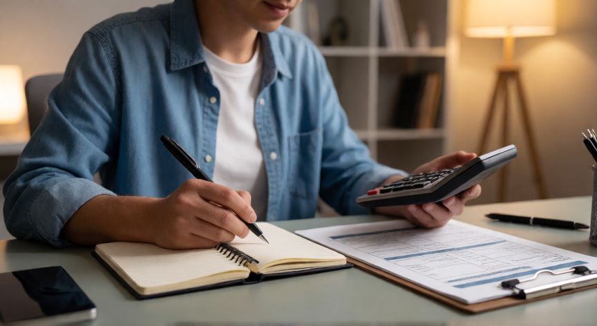 como ahorrar todos los meses, Persona revisando su presupuesto mensual en una oficina de casa con luz cálida
