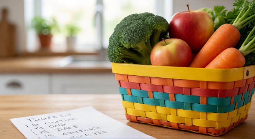 como ahorrar tu dinero, Cesta de la compra con verduras frescas y lista de compras escrita a mano