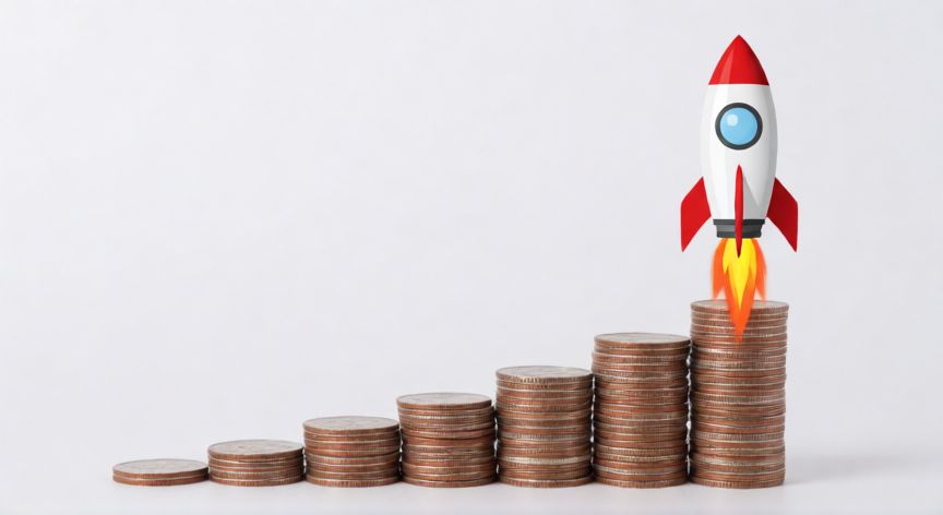 como ahorrar un millon de pesos, Pila de monedas creciendo como un cohete simbolizando inversión