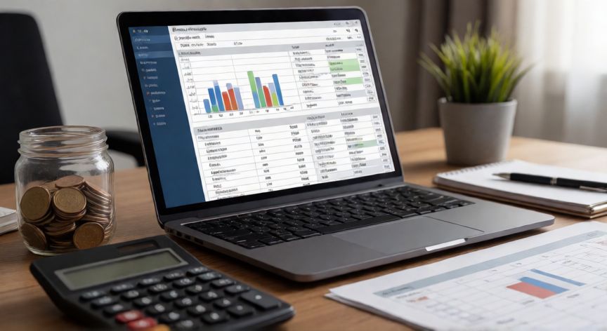 Mesa de trabajo con herramientas de planificación financiera y presupuesto