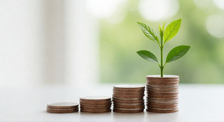 como ahorrar un millon de pesos en 3 años, Planta creciendo sobre monedas simbolizando el crecimiento de la inversión