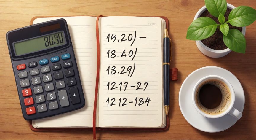 Escritorio de planificación financiera con calculadora y libreta para ahorrar dinero