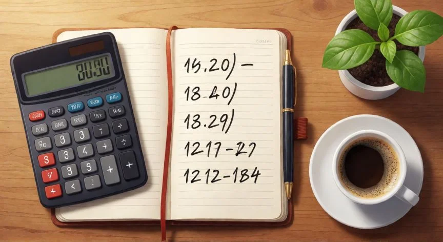 Escritorio de planificación financiera con calculadora y libreta para ahorrar dinero