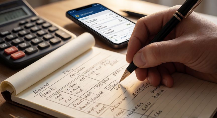 Persona planificando su presupuesto financiero en una libreta