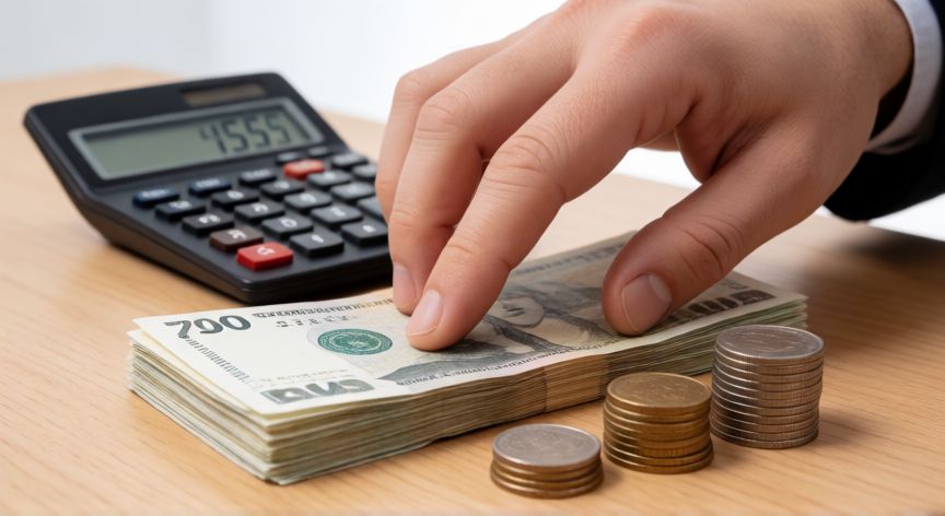 Mano contando dinero y calculadora mostrando una gran cifra de ahorro mensual