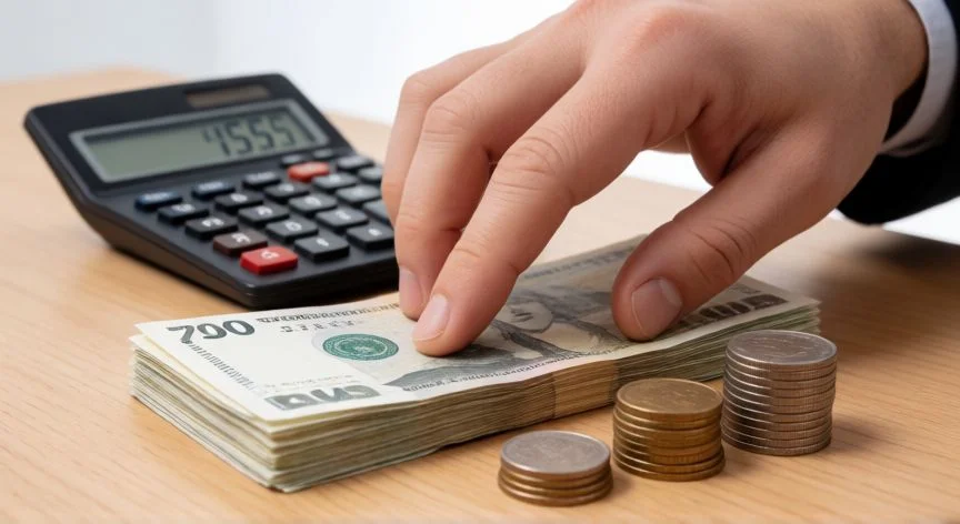 Mano contando dinero y calculadora mostrando una gran cifra de ahorro mensual