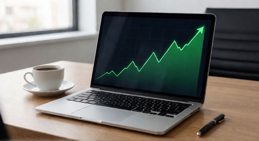 como ahorrar un millon en 5 meses, Gráfico financiero ascendente en una laptop en una oficina moderna representando inversión agresiva