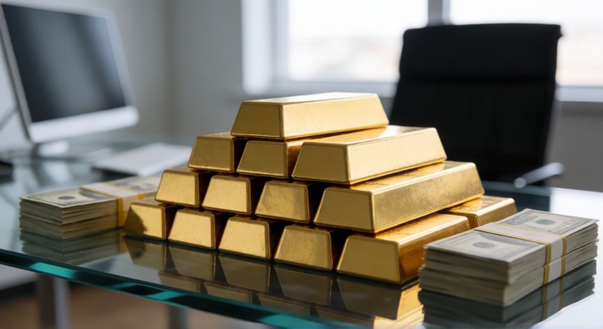 Pila de lingotes de oro y efectivo en una oficina moderna