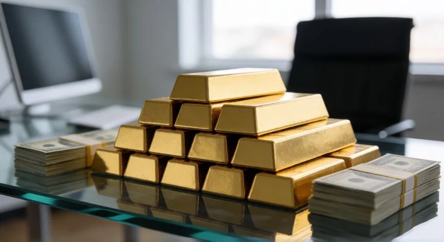 Pila de lingotes de oro y efectivo en una oficina moderna