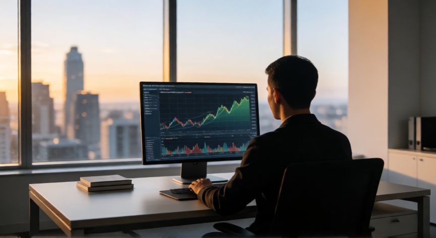Persona analizando gráficos financieros en una oficina moderna al atardecer