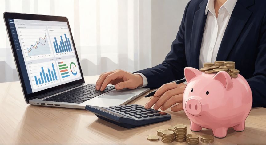 Persona analizando sus finanzas con calculadora y gráfico de ahorro