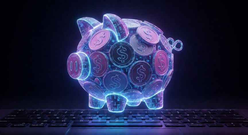 como ahorrar usdt en binance, Cerdito de ahorro digital hecho de monedas criptográficas brillantes sobre un teclado