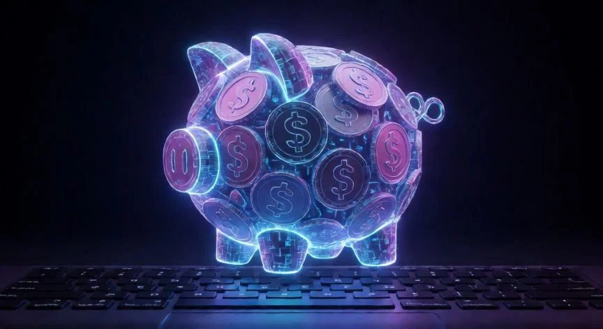 como ahorrar usdt en binance, Cerdito de ahorro digital hecho de monedas criptográficas brillantes sobre un teclado