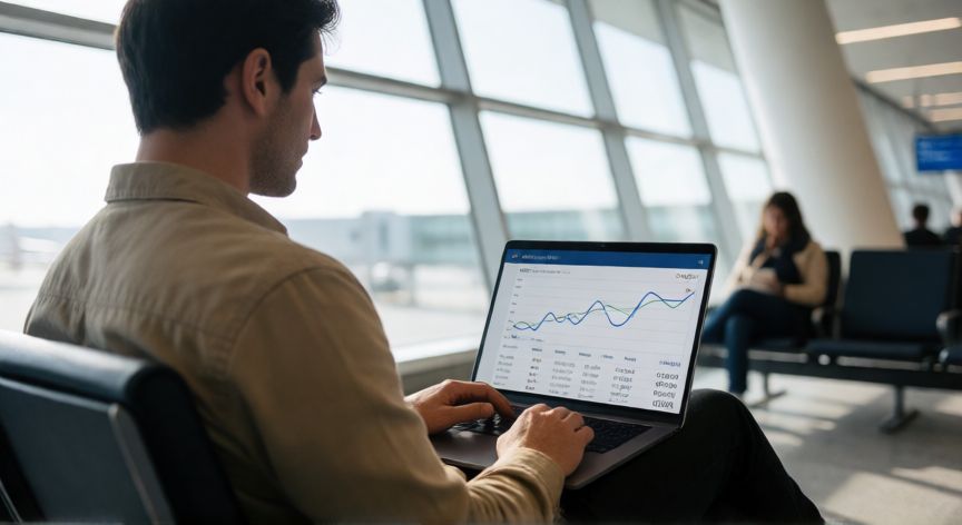 Viajero revisando precios de vuelos en una laptop