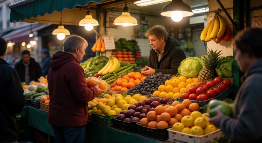 como ahorrar viajando, Mercado local con frutas y verduras frescas