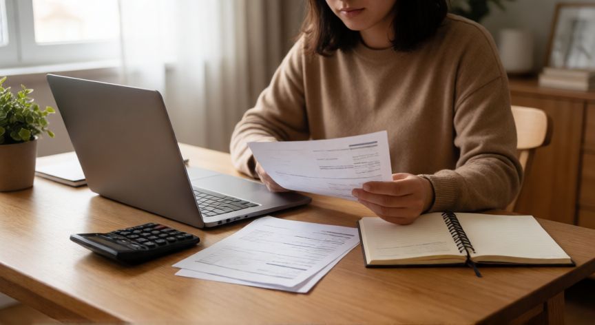 Persona revisando facturas y presupuesto en casa