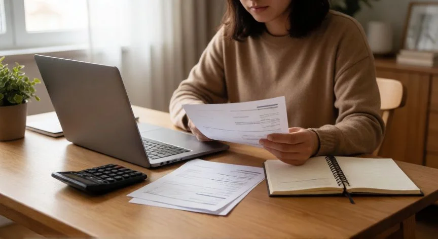Persona revisando facturas y presupuesto en casa