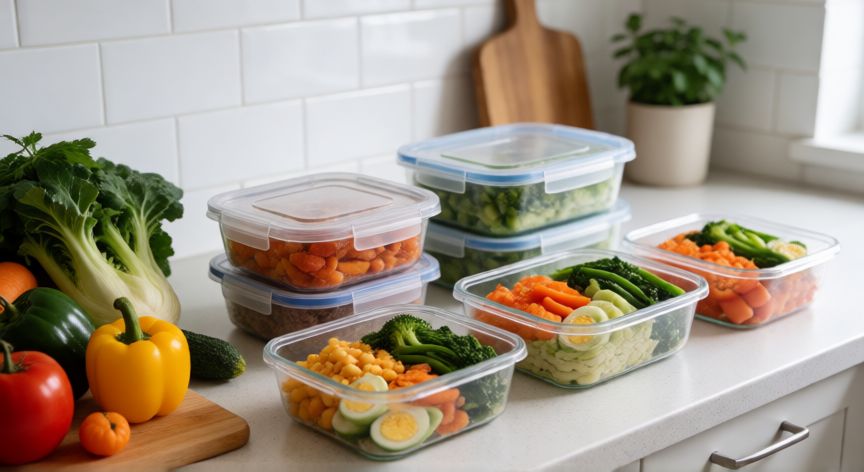 como ahorrar viviendo solo, Recipientes de comida preparados para la semana en la cocina