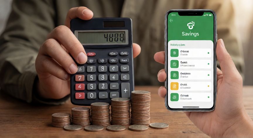 como ahorrar voluntariamente en mi afore, Manos usando calculadora y teléfono móvil para planificar ahorros voluntarios