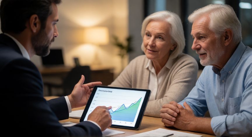 Asesor financiero explicando un plan de pensiones a una pareja mayor con una gráfica de crecimiento.