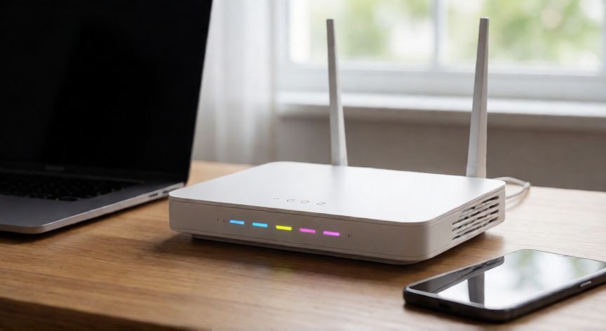 como ahorrar wifi, Router inalámbrico en un escritorio con dispositivos conectados