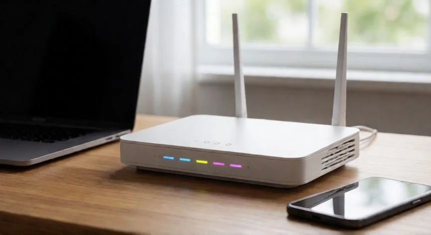 Router inalámbrico en un escritorio con dispositivos conectados