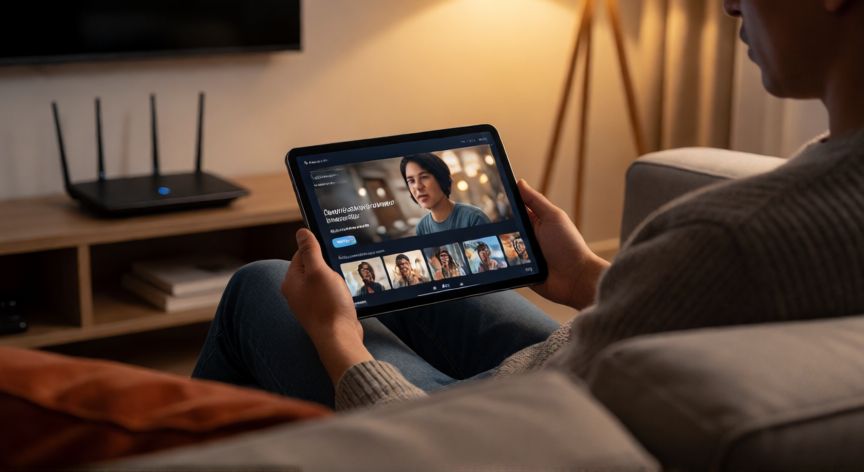 como ahorrar wifi, Persona usando una tablet para ver vídeos en casa con el router al fondo