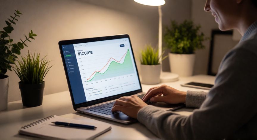como ahorrar y ganar dinero, Persona trabajando en portátil en oficina de casa con gráficos de ingresos en aumento