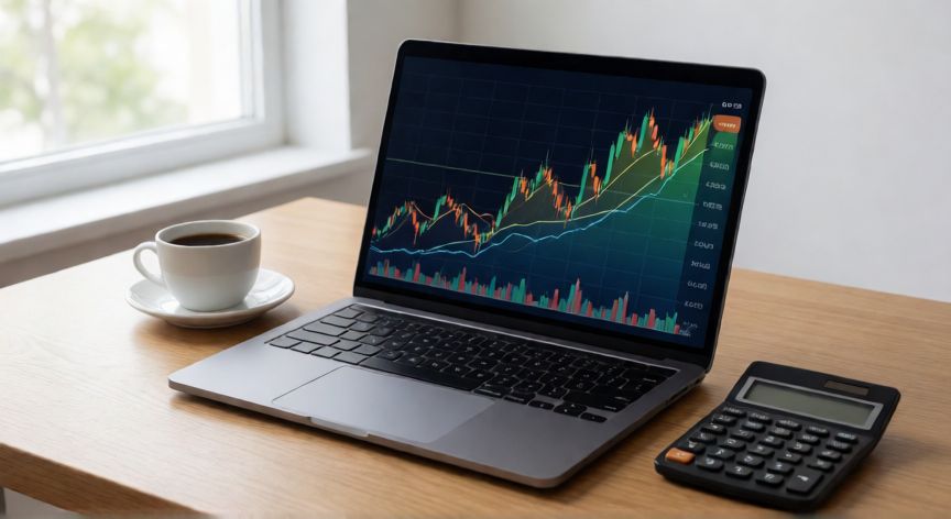 como ahorrar y generar intereses, Portátil mostrando gráficos de mercado en alza sobre un escritorio de madera con calculadora