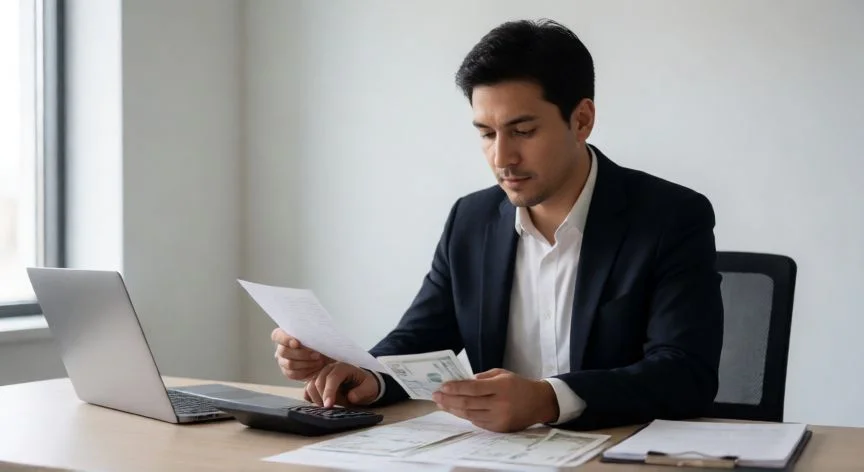 Persona organizando sus finanzas personales en una oficina moderna