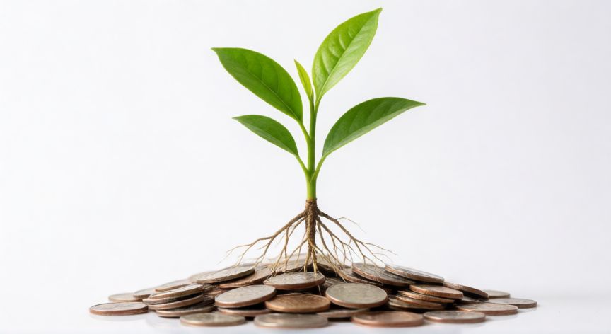 como ahorrar y hacer crecer mi dinero, Planta creciendo sobre monedas simbolizando el interés compuesto y la inversión