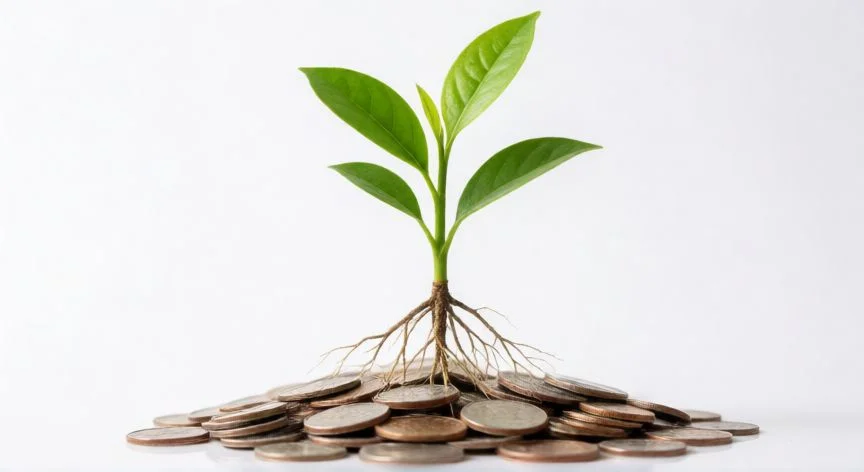 como ahorrar y hacer crecer mi dinero, Planta creciendo sobre monedas simbolizando el interés compuesto y la inversión
