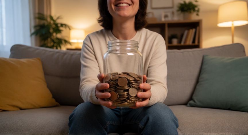 como ahorrar y no morir en el intento, Persona sonriendo sosteniendo un frasco de ahorro en el salón de su casa