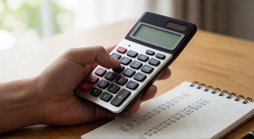 Persona haciendo cálculos financieros en una calculadora y una libreta