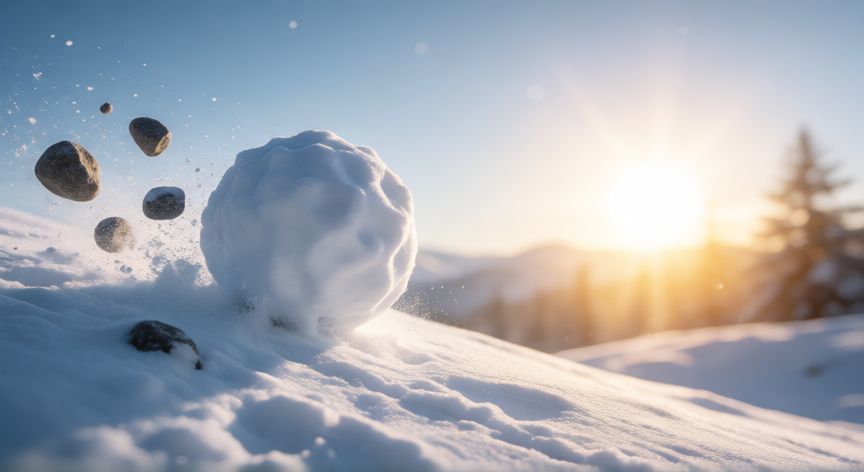 como ahorrar y salir de deudas, Bola de nieve rodando y creciendo simbolizando el progreso en la eliminación de deudas
