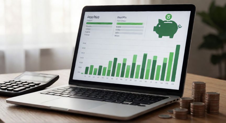 Pantalla de ordenador mostrando gráficos financieros ascendentes junto a una calculadora y monedas